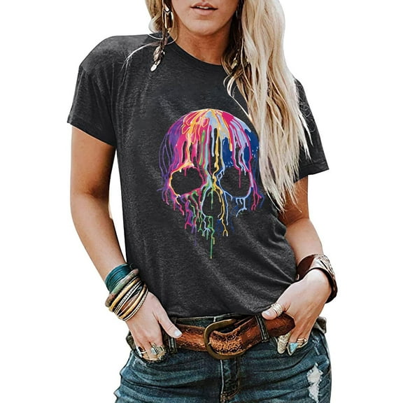 VILOVE Women Halloween Skeleton Graphic T-Shirts Crew Neck Short Sleeve Tees Tops