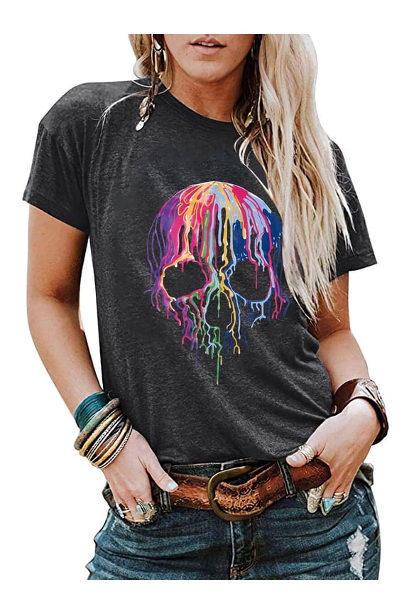 Women Halloween Skeleton Graphic T-Shirts Crew Neck Short Sleeve Tees Tops