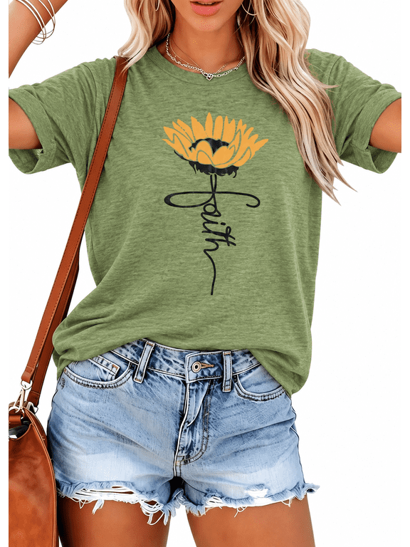 Women Sunflower Graphic Shirt Crew Neck Short Sleeve Summer Casual T-Shirt