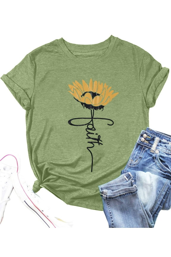 Women Sunflower Graphic Crew Neck Short Sleeve Summer Casual T-Shirt