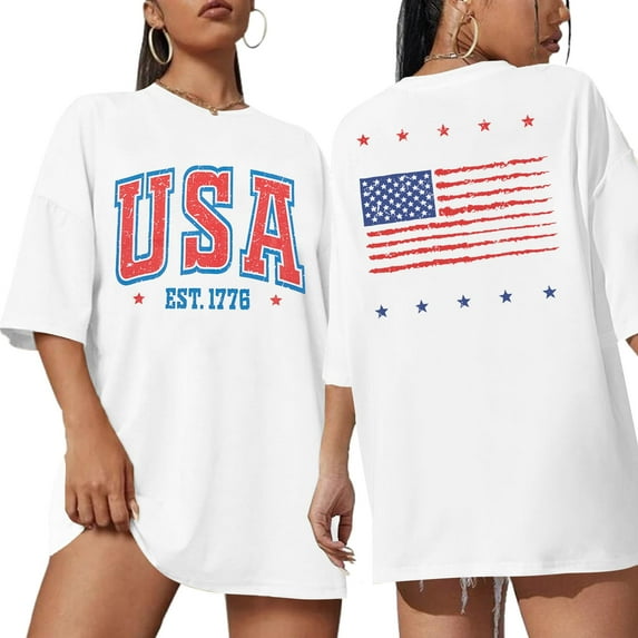 VILOVE USA Shirt American Flag Shirts Women Oversized Patriotic T-Shirts Casual America Flag Print Tee Tops