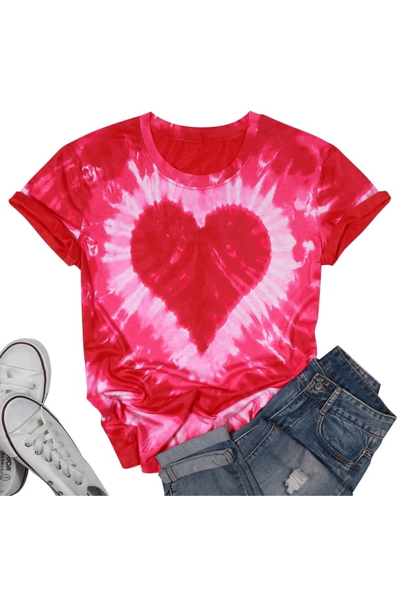 Valentine Shirts for Women Tie Dye Heart T Shirt Valentine's Tee Shirt Casual Lover Short Sleeve Tops Pink S-2XL