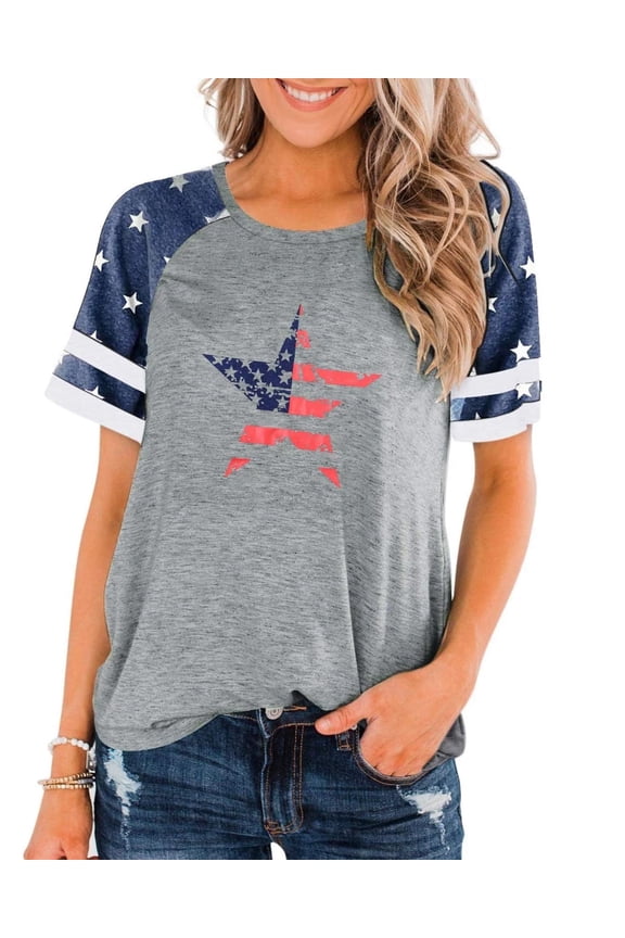 Women American Flag T-Shirt Patriotic Shirts Veteran Shirt Raglan Short Sleeve Stars Stripes Top Tees