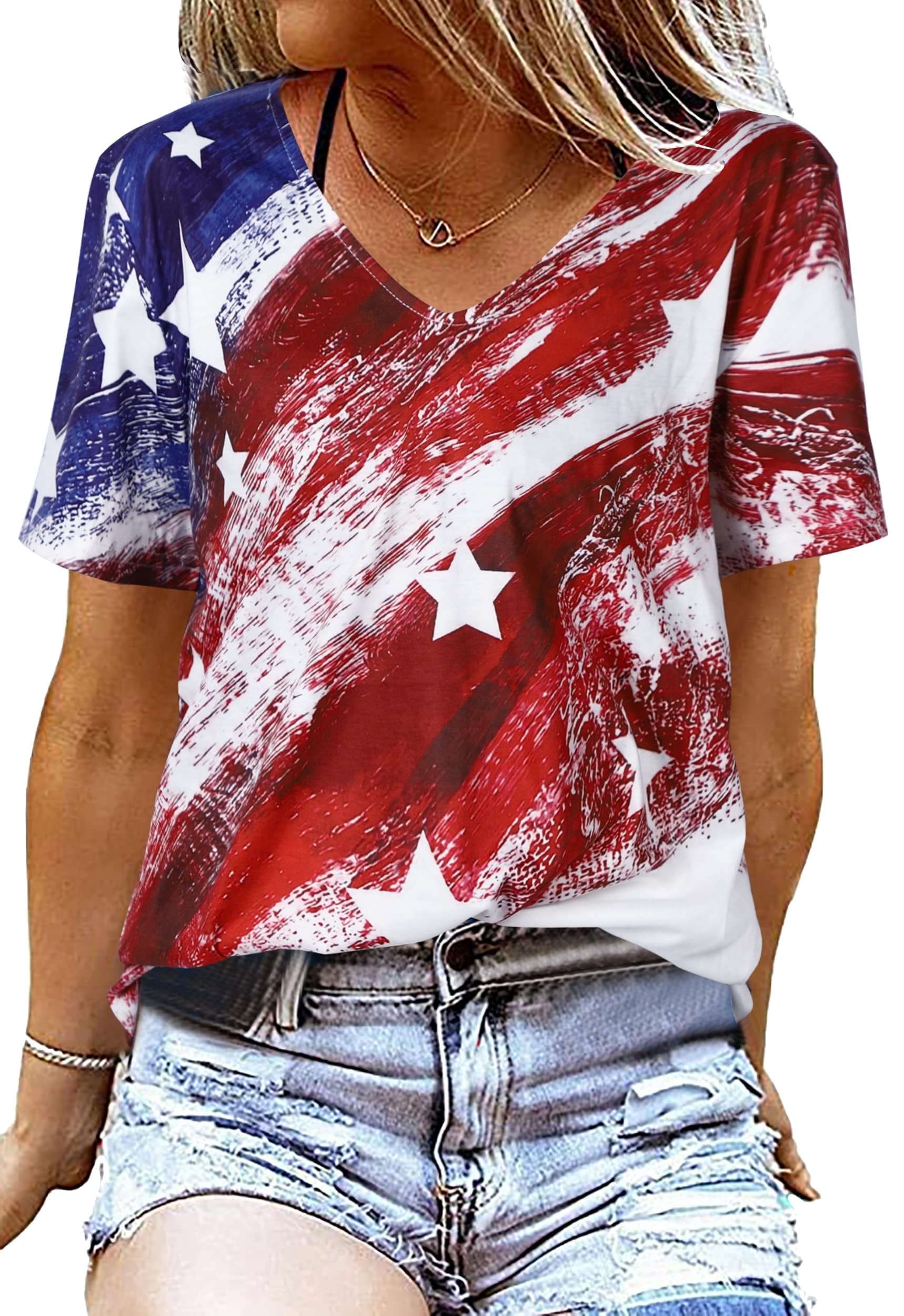 Women American Flag T-Shirt USA Star Stripes 4th of July Tee Shirts Casual V Neck Tee Tops