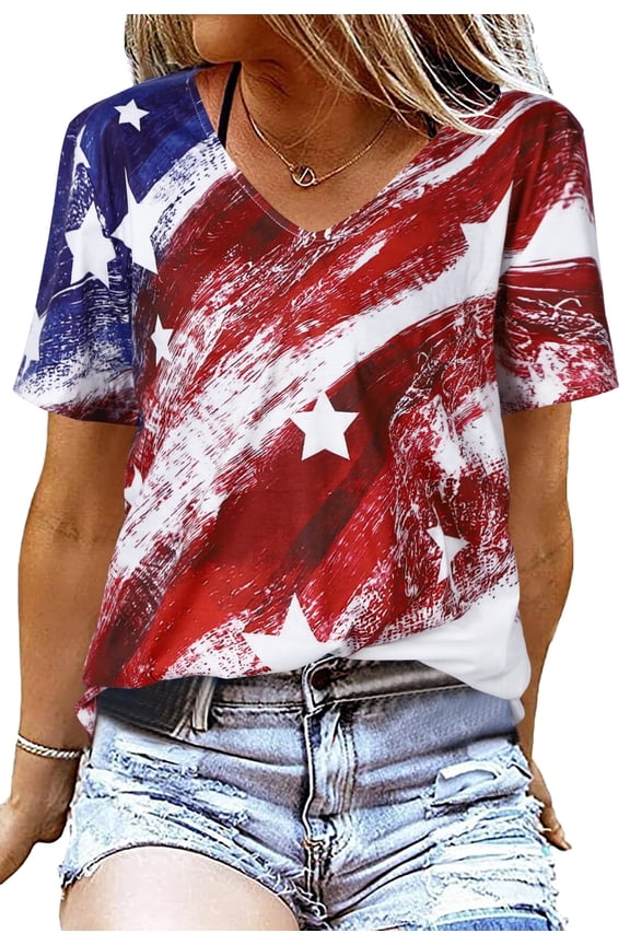 Women American Flag T-Shirt USA Star Stripes 4th of July Tee Shirts Casual V Neck Tee Tops
