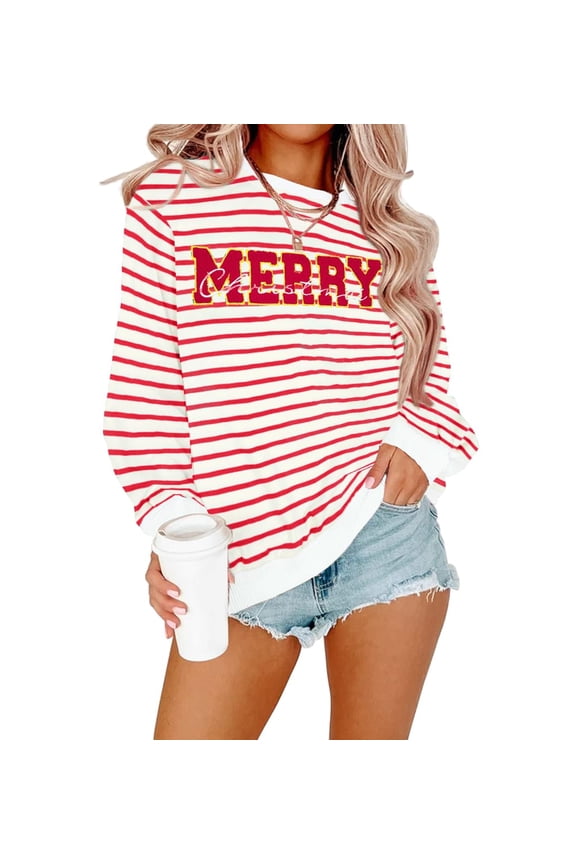 Women Christmas Sweatshirt Striped Glitter Patch Merry Christmas Letter Print Sweater Embroidered Pullover Top