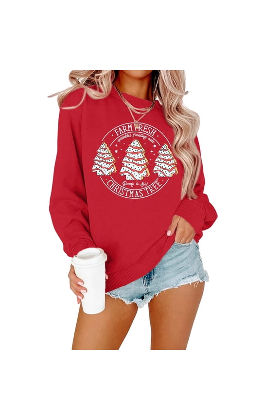 Women Farm Fresh Christmas Tree Cakes Sweatshirt Christmas Crew Neck Sweater Xmas Gifts Top Casual Long Sleeve Tops