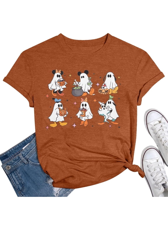 Women Halloween Pumpkin T-Shirt Cute Ghost Graphic Shirt Spooky Season Tee Fall Graphic Short Sleeve Tee