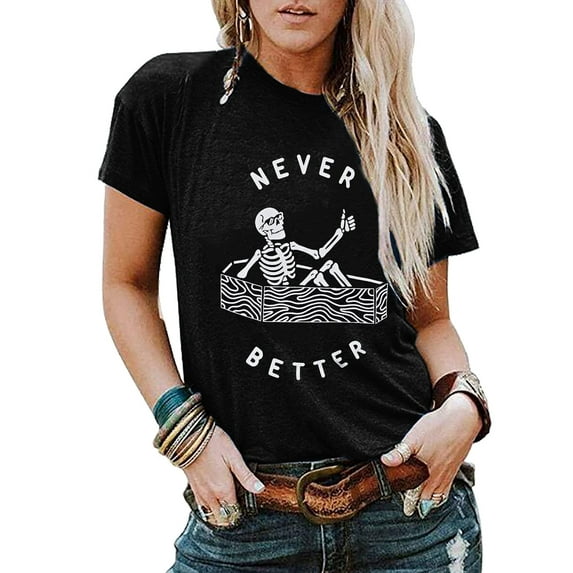 VILOVE Women Halloween Shirt Funny Skeleton Graphic Never Better Letter Print T-Shirt Spooky Season Tee Tops