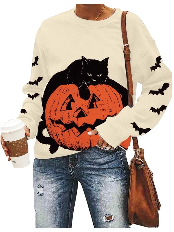 Women Halloween Sweatshirt Black Cat Pumpkin Graphic Pullover Crew Neck Long Sleeve Sweatshirt