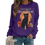 VILOVE Women Halloween Sweatshirt Black Cat Pumpkin Graphic Pullover Crew Neck Long Sleeve Sweatshirt