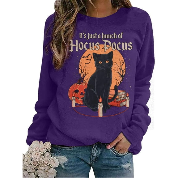 VILOVE Women Halloween Sweatshirt Black Cat Pumpkin Graphic Pullover Crew Neck Long Sleeve Sweatshirt
