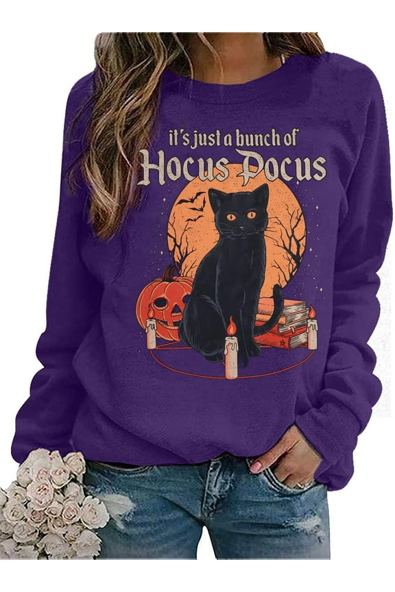 Women Halloween Sweatshirt Black Cat Pumpkin Graphic Pullover Crew Neck Long Sleeve Sweatshirt