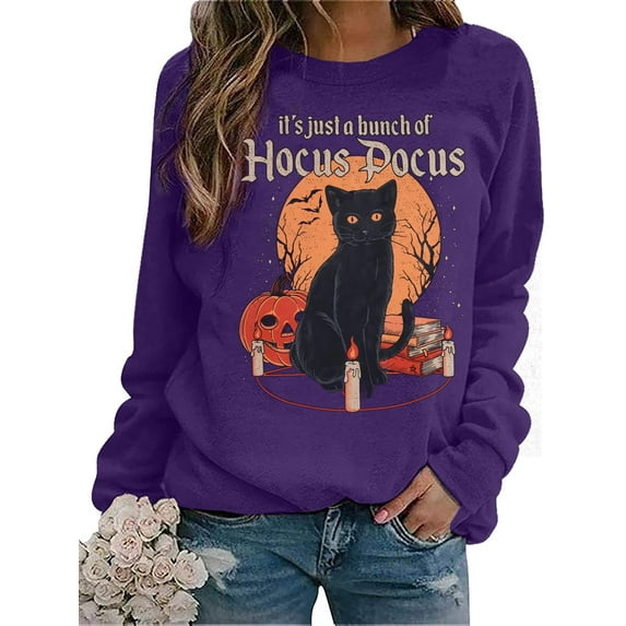 VILOVE Women Halloween Sweatshirt Black Cat Pumpkin Graphic Pullover Crew Neck Long Sleeve Sweatshirt