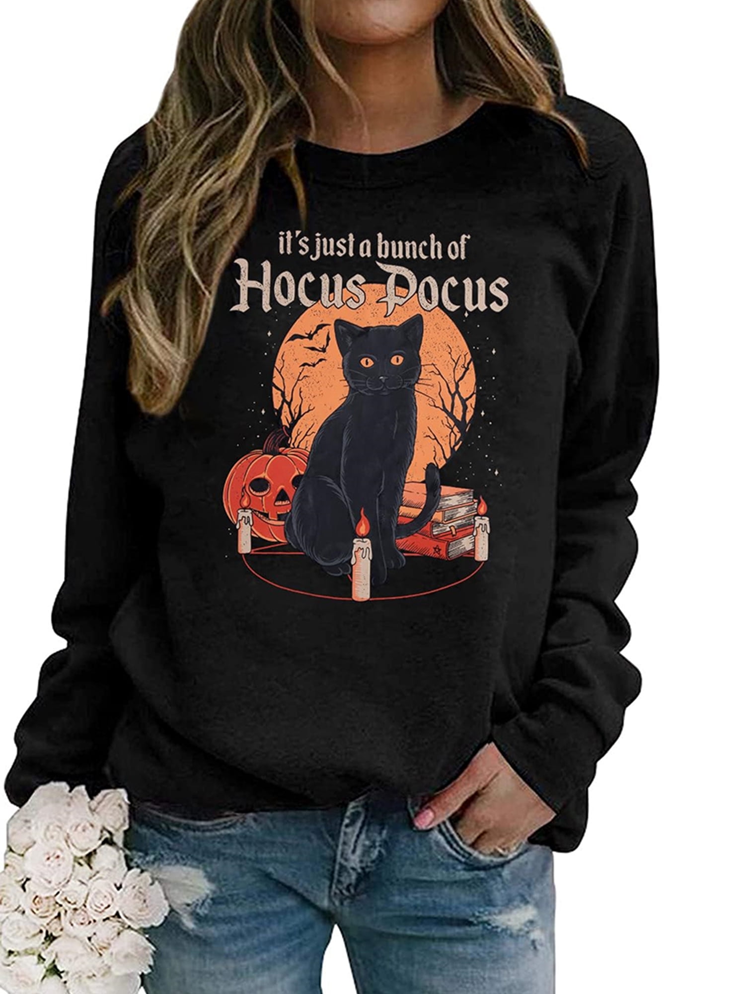 Women Halloween Sweatshirt Hocus Pocus Black Cat Pumpkin Graphic Pullover Long Sleeve Sweater