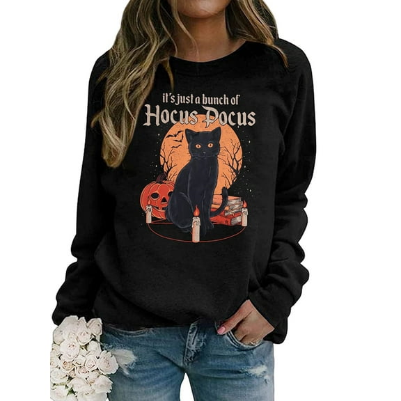 VILOVE Women Halloween Sweatshirt Black Cat Pumpkin Graphic Pullover Crew Neck Long Sleeve Sweatshirt