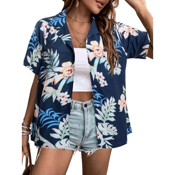 VILOVE Women Hawaii Shirts Soft Cool Tropic Floral Print Lapel V Neck Summer Cardigan Short Sleeve Button Up T-Shirt