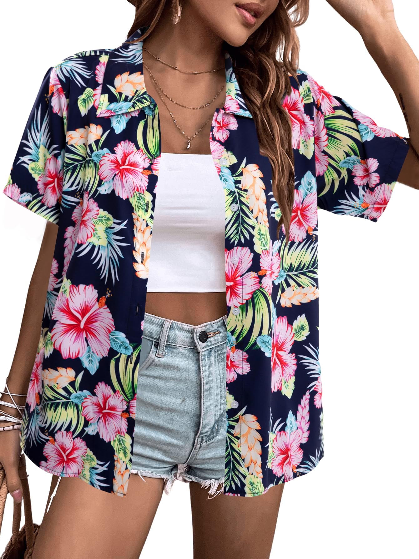VILOVE Women Hawaiian Shirts, Tropical Floral Print, ButtonDown, Short — free download