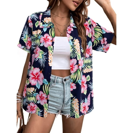 VILOVE Women Hawaiian Shirts Tropical Floral Printed Lapel Neck Button Down Short Sleeve Summer Cardigan Shirt