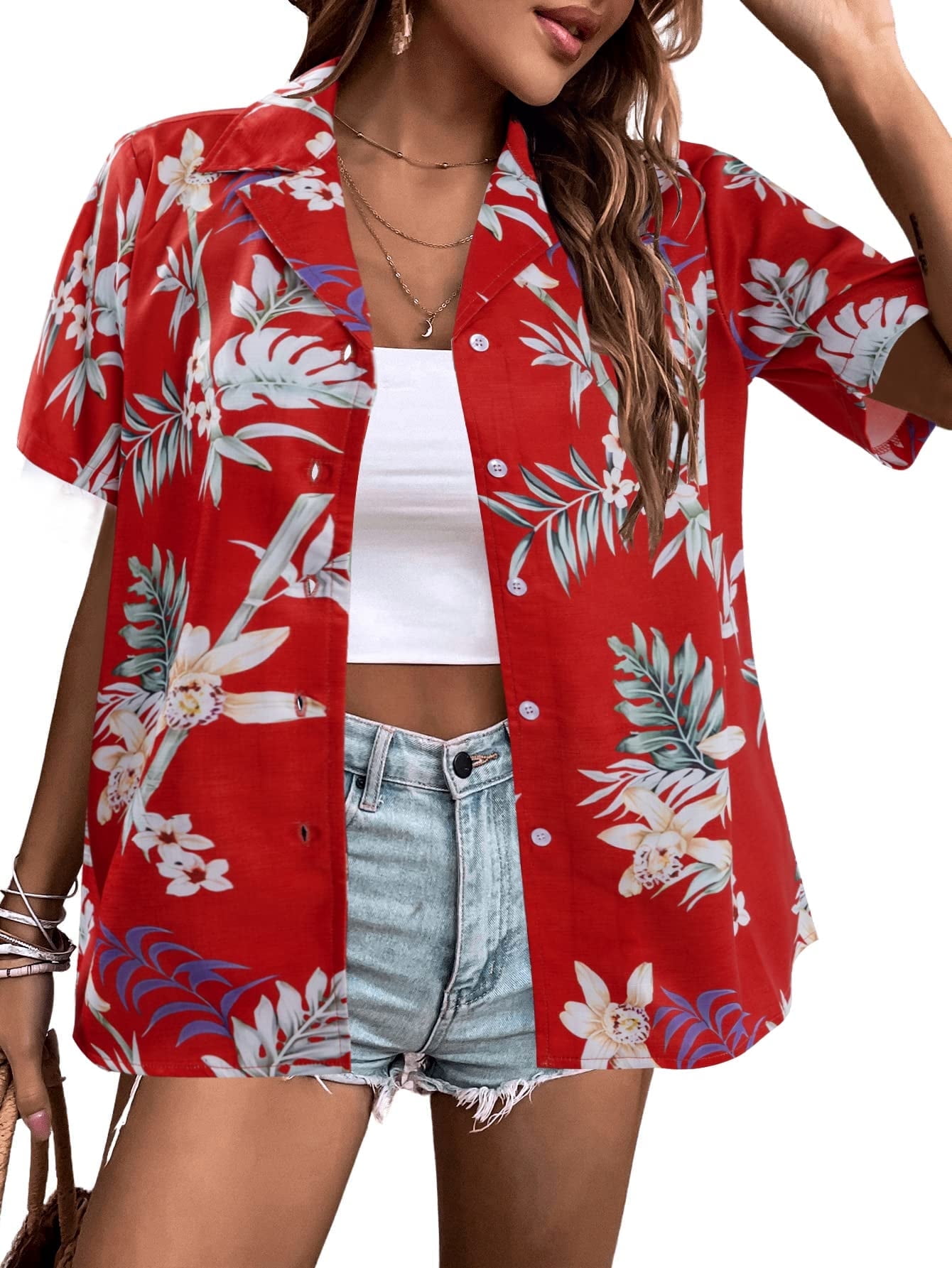 VILOVE Women Hawaii Shirts Soft Cool Tropic Floral Print Lapel V Neck — free download