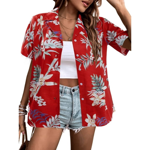 VILOVE Women's Hawaiian Shirt Tropical Floral Print Lapel V Neck Summer Cardigan Short Sleeve Button-Down