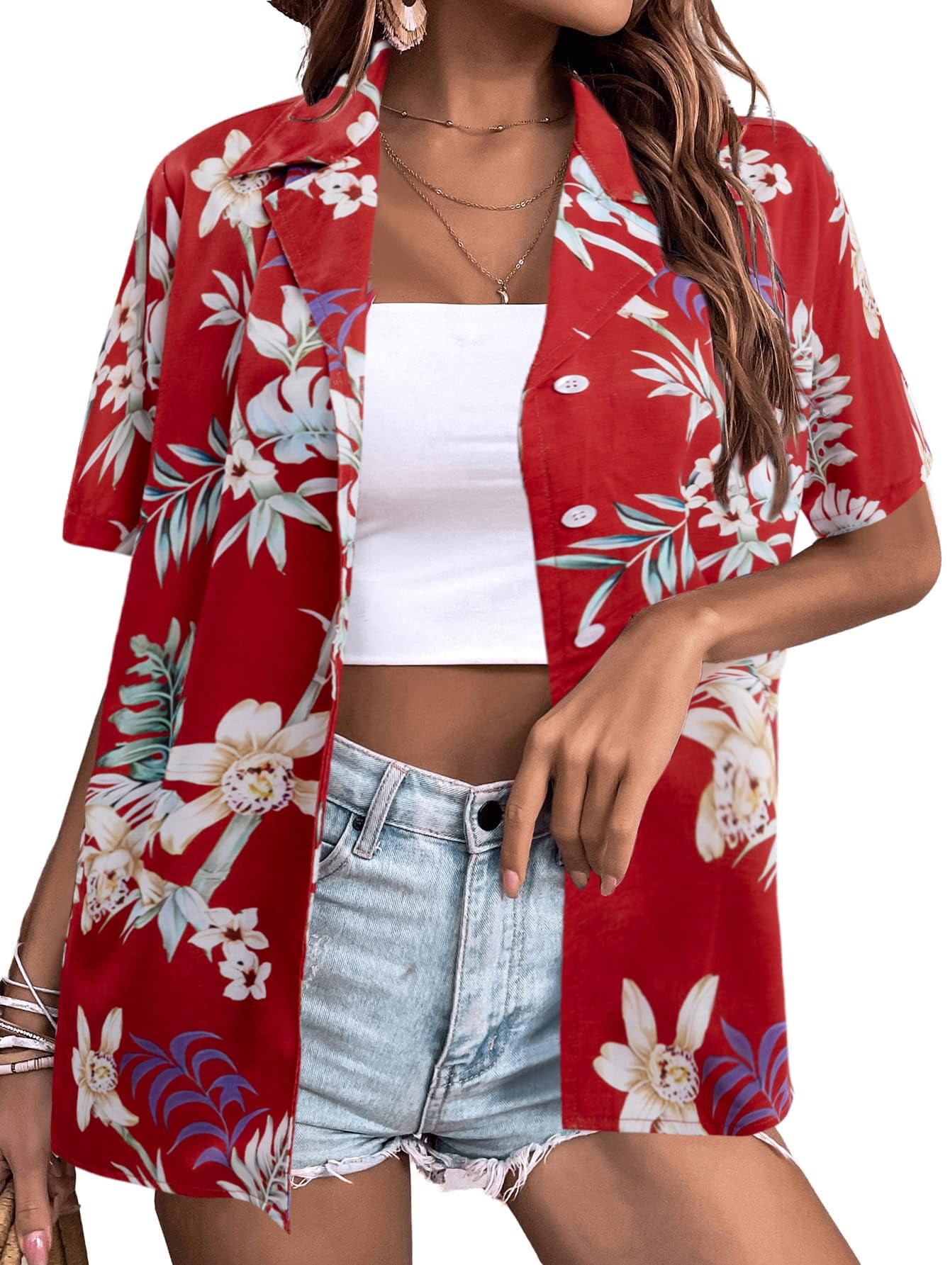 VILOVE Women Hawaiian Shirts Tropical Floral Printed Button Down Shirt