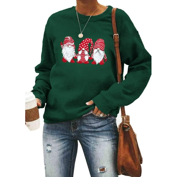 VILOVE Women Merry Christmas Sweatshirt Gnomes Santas Graphic Christmas Sweatshirt Cute Long Sleeve Pullover Top