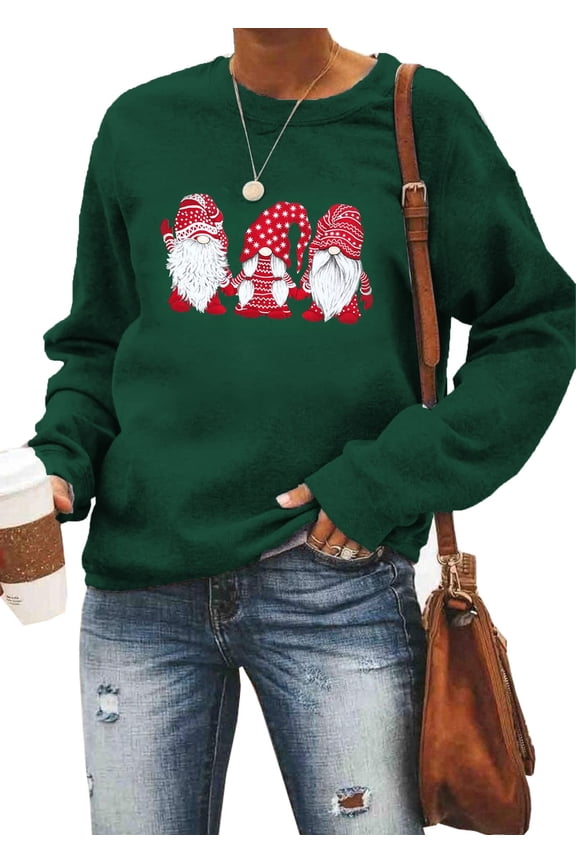 Women Merry Christmas Sweatshirt Gnomes Santas Graphic Christmas Sweatshirt Cute Long Sleeve Pullover Top