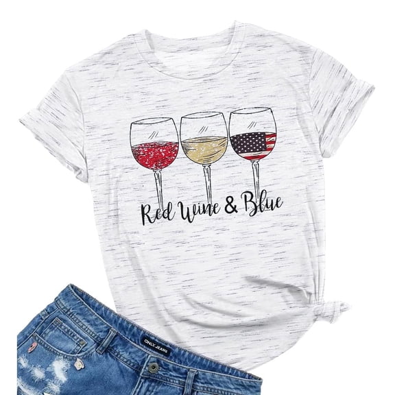 KimSoong Women Patriotic Shirts Red White and Blue Shirts American Flag Shirt 4th of July Tops Funny Wine Glass Graphic Tees