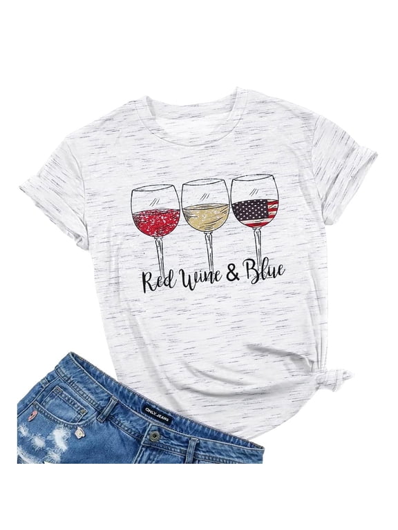 Women Patriotic Shirts Red White and Blue Shirts American Flag Shirt 4th of July Tops Funny Wine Glass Graphic Tees