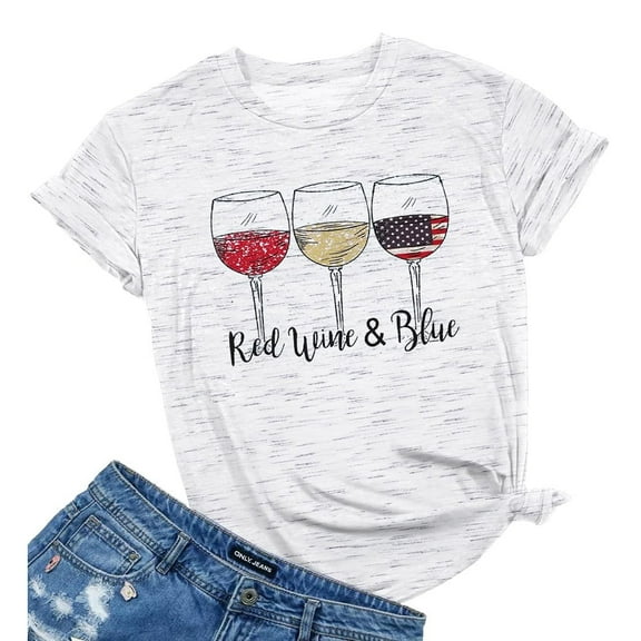VILOVE Women Patriotic Shirts Red White and Blue Shirts American Flag Shirt 4th of July Tops Funny Wine Glass Graphic Tees