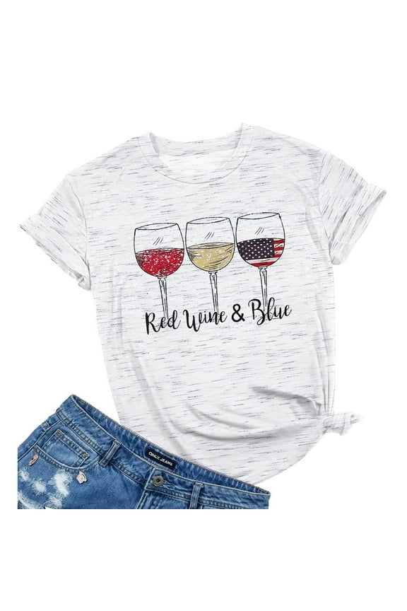 Women Patriotic Shirts Red White and Blue Shirts American Flag Shirt 4th of July Tops Funny Wine Glass Graphic Tees