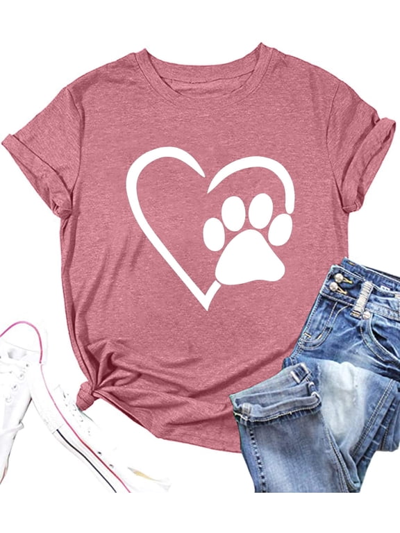 Women Paw Love T-Shirt Dog Lover Shirt Paw Print Heart Tee Shirt Cute Dog Mom Short Sleeve Tee Tops