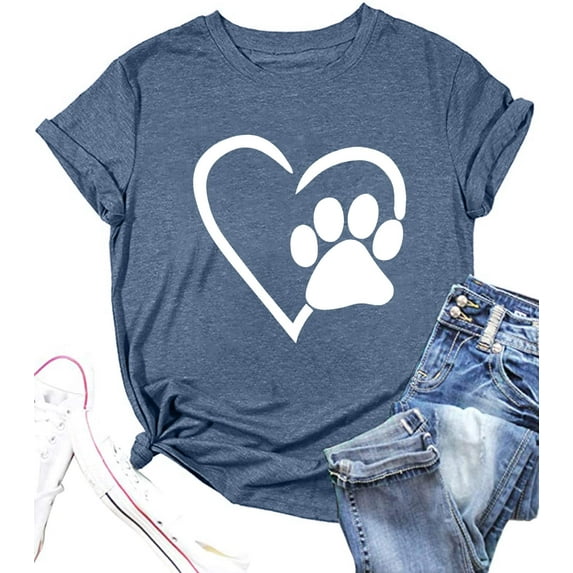 VILOVE Women Paw Love T-Shirt Dog Lover Shirt Paw Print Heart Tee Shirt Cute Dog Mom Short Sleeve Tee Tops