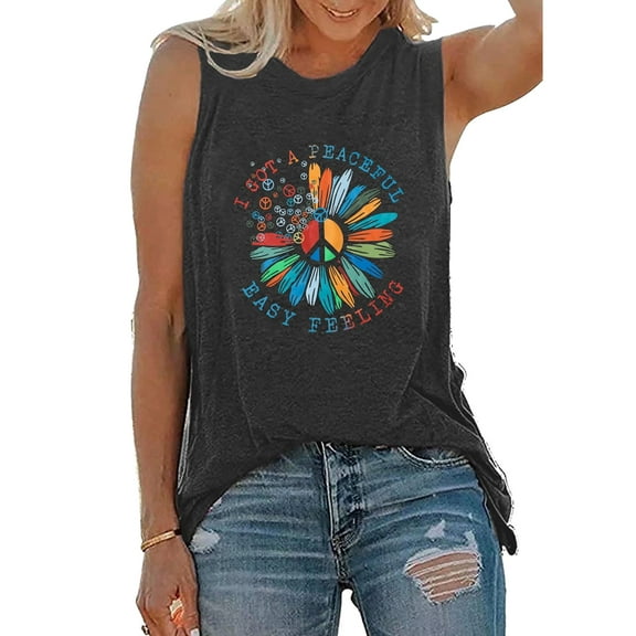 VILOVE Women Peace Love Shirt 70s Hippie Shirts Sunflower Graphic Shirt Vintage Hippy Gifts Sleeveless Tees Tops