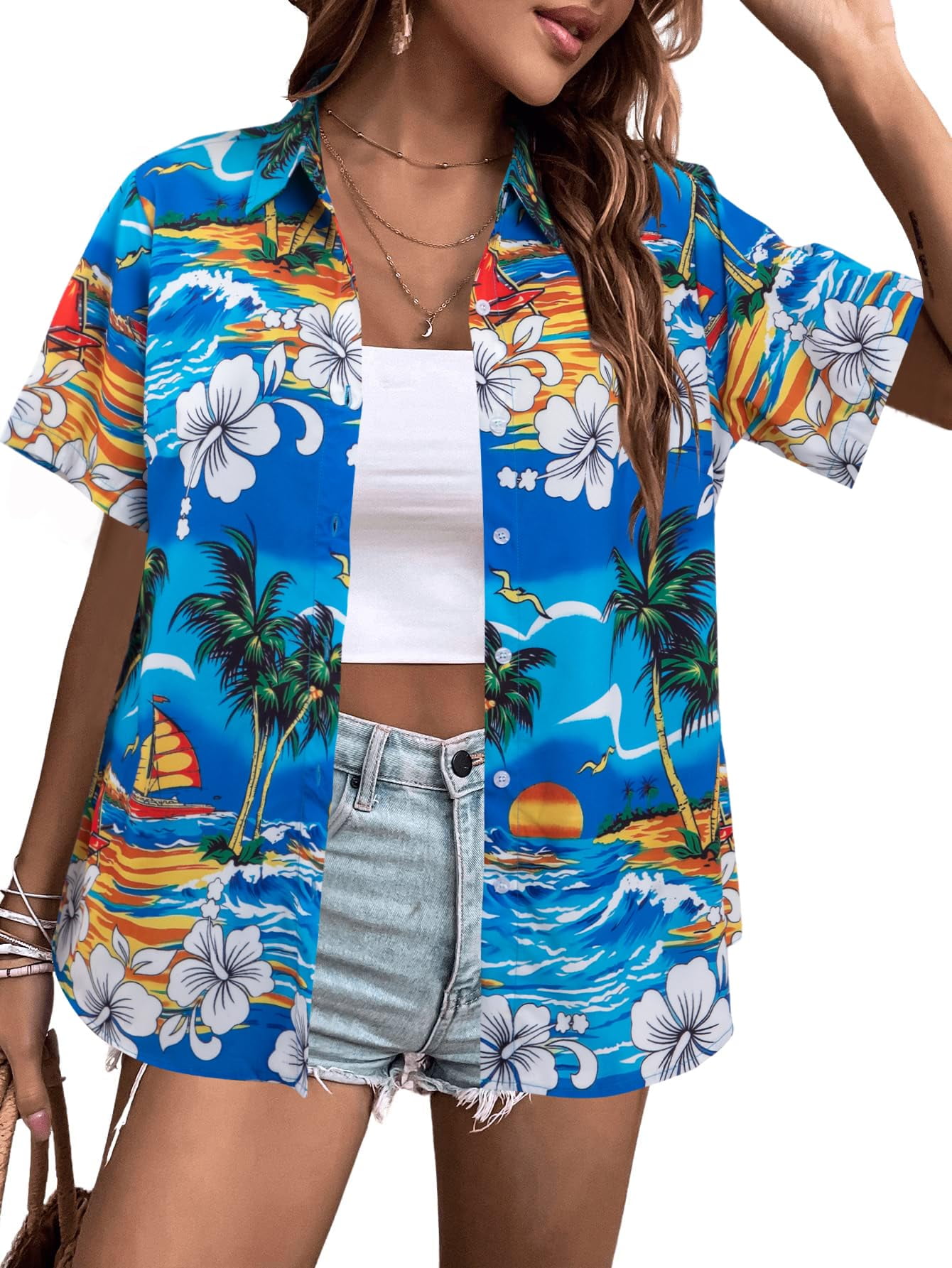 VILOVE Women's Hawaiian Shirt, Tropical Floral Print, Lapel Neck — free download