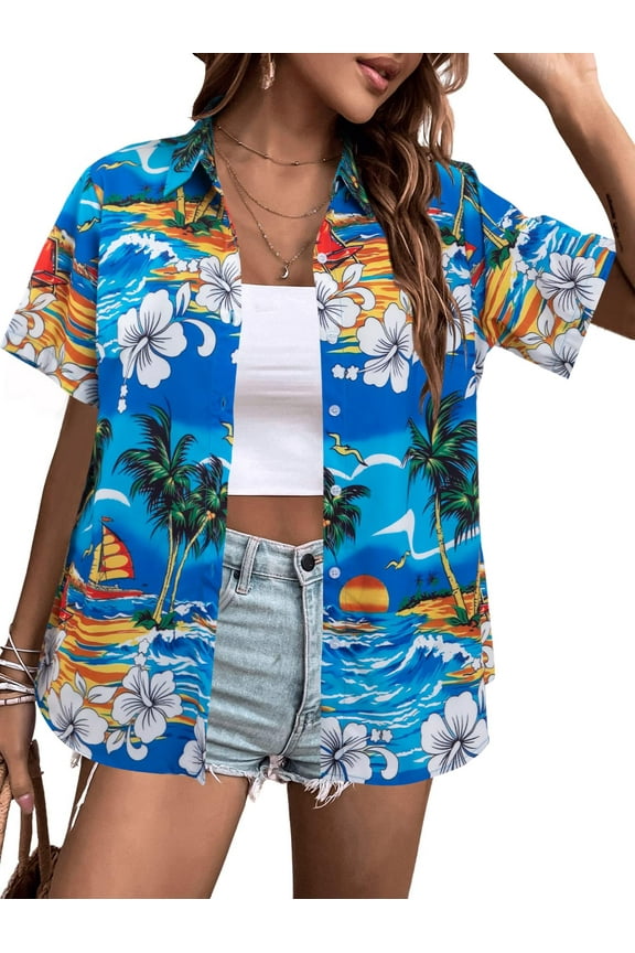 Women Hawaiian Shirts Tropical Floral Printed Lapel Neck Button Down Short Sleeve Summer Cardigan Shirt