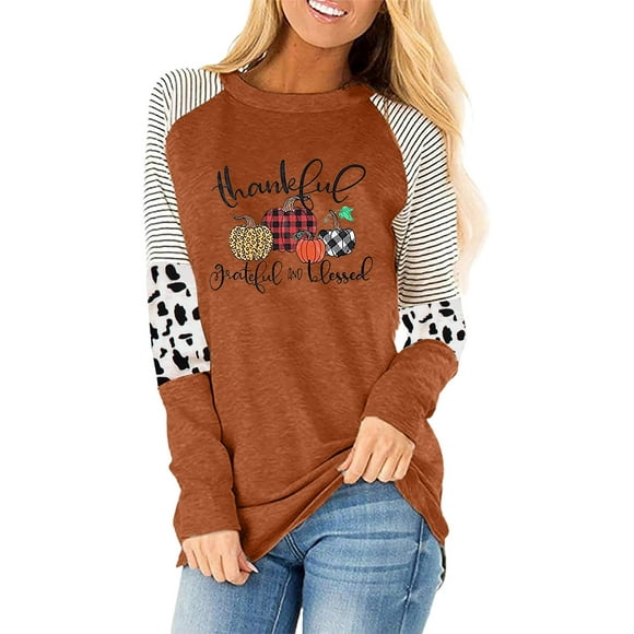 Women Thankful Grateful Blessed Print Shirt Thanksgiving Pumpkin Long Sleeve Blouse Leopard Printed Striped Fall Tee Top