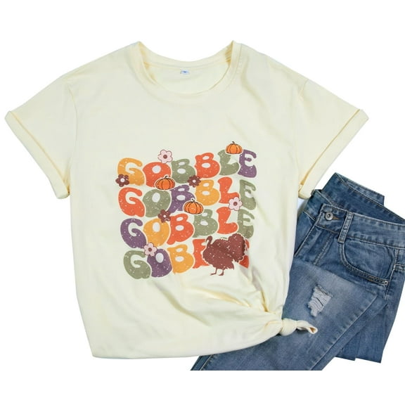 VILOVE Women Thanksgiving Shirt Gobble Letter Print T-Shirt Funny Turkey Day Shirt Thanksgiving Tee Tops