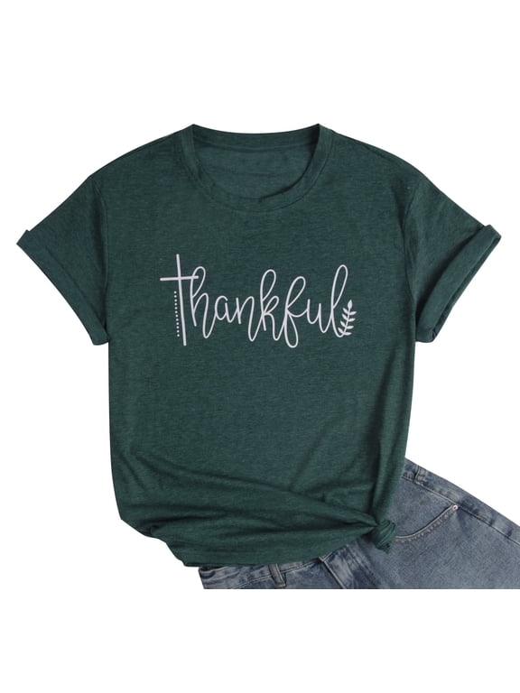 Women Thanksgiving Shirt Thankful Letter Print Crew Neck T-Shirt Casual Turkey Day Shirt Short Sleeve Tee Tops