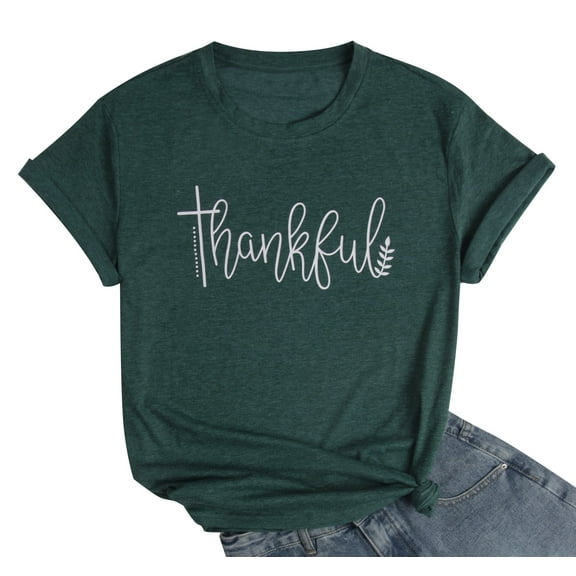 VILOVE Women Thanksgiving Shirt Thankful Letter Print Crew Neck T-Shirt Casual Turkey Day Shirt Short Sleeve Tee Tops
