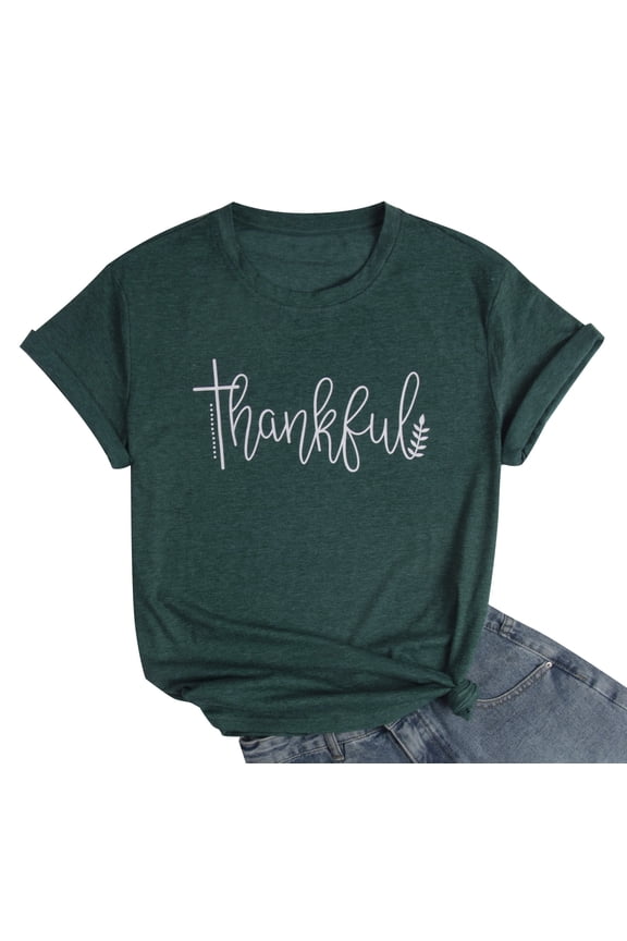 Women Thanksgiving Shirt Thankful Letter Print Crew Neck T-Shirt Casual Turkey Day Shirt Short Sleeve Tee Tops