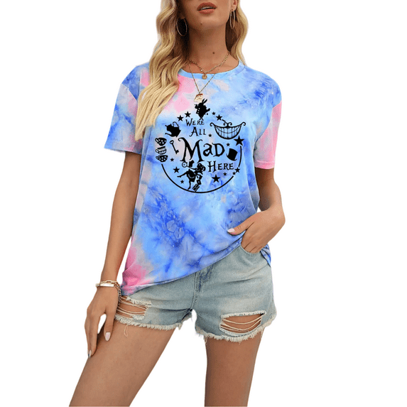 VILOVE Women We're All Mad Here T Shirt Mad Tea Party Vacation Shirts Cute Graphic Tee Tops
