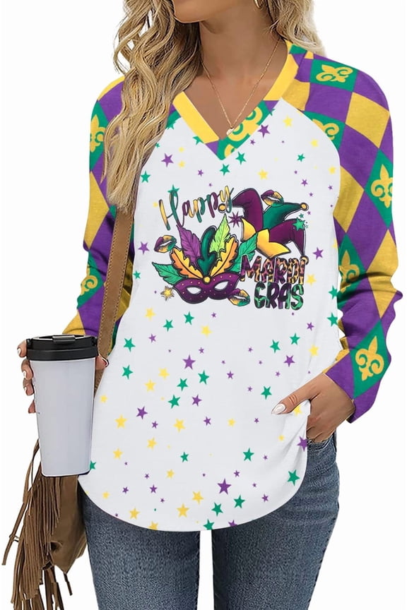 Women Mardi Gras Shirt Tuesday Shirt Fun Mask Graphic T-shirt Carnival Long Sleeve Shirt New Orleans Party V-neck Top, Purple White