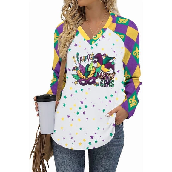 VILOVE Women Mardi Gras Shirt Tuesday Shirt Fun Mask Graphic T-shirt Carnival Long Sleeve Shirt New Orleans Party V-neck Top, Purple White