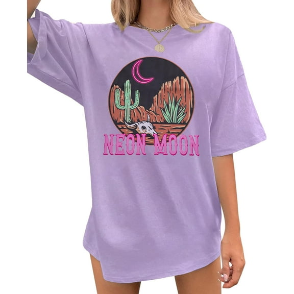 VILOVE Women's Neon Moon Shirts Oversized T-Shirts Classic Country Cowgirl T-Shirt Music Vintage Graphic Tee