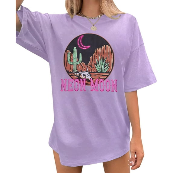 VILOVE Women's Neon Moon Shirts Oversized T-Shirts Classic Country Cowgirl T-Shirt Music Vintage Graphic Tee