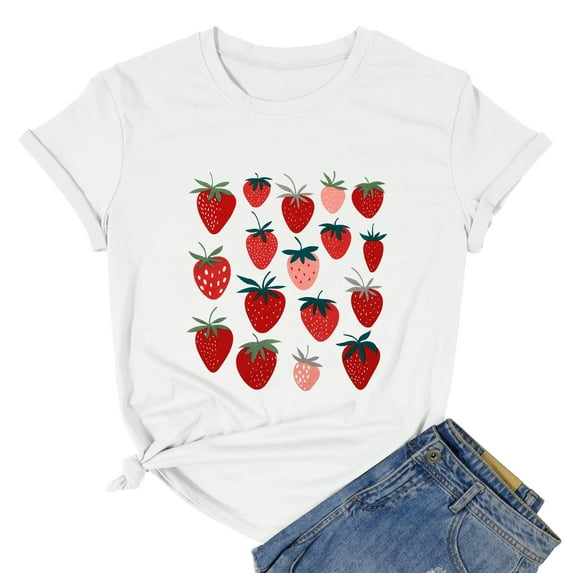 VILOVE Women Strawberry Cute Graphic T-Shirts Fruit Shirts Strawberries Print Cottagecore Clothing T-shirt Crew Neck Garden Tee Tops