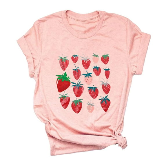 VILOVE Womens Strawberries Graphic Tees Crew Neck Short Sleeve Fruit Strawberries Shirts