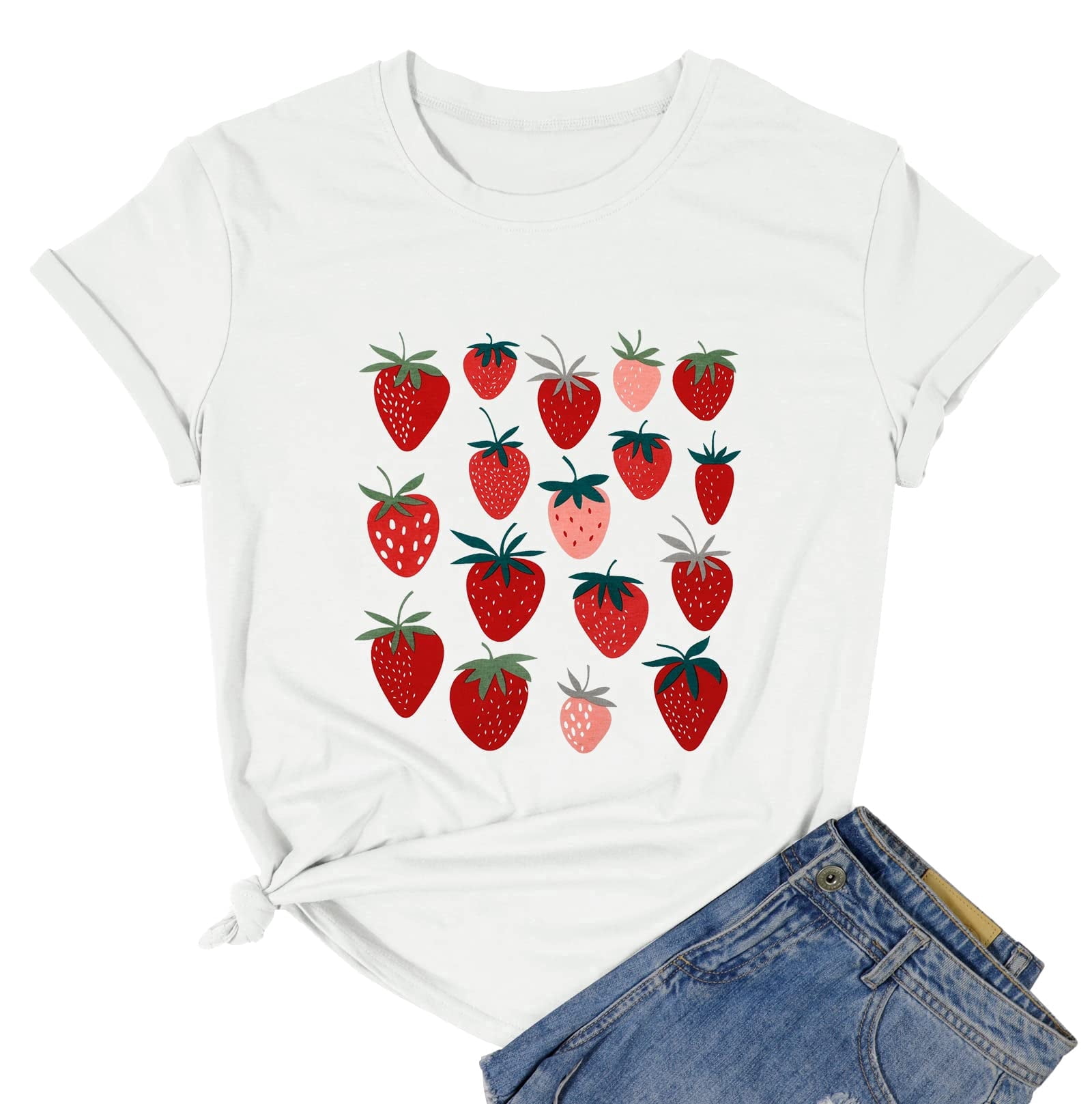 Women Strawberry Cute Graphic T-Shirts Fruit Shirts Strawberries Print Cottagecore Clothing T-shirt Crew Neck Garden Tee Tops
